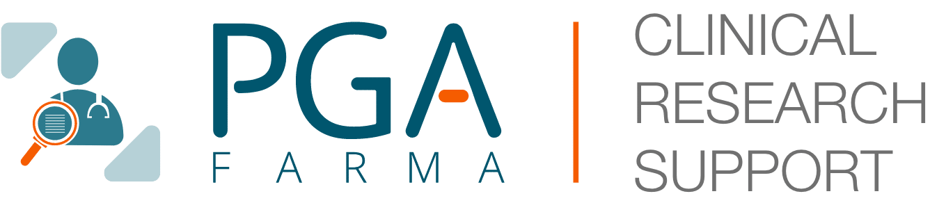 A imagem mostra o logo da PGA Farma, empresa de farmacovigilância ao lado da frase "apoio à pesquisa"